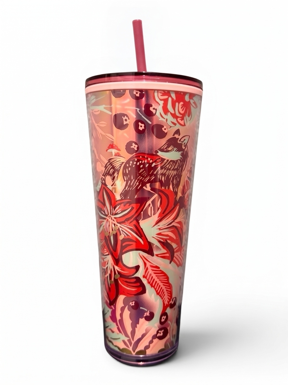 Starbucks Holiday Fox Floral Reusable Tumbler with matching lid and Straw 2022